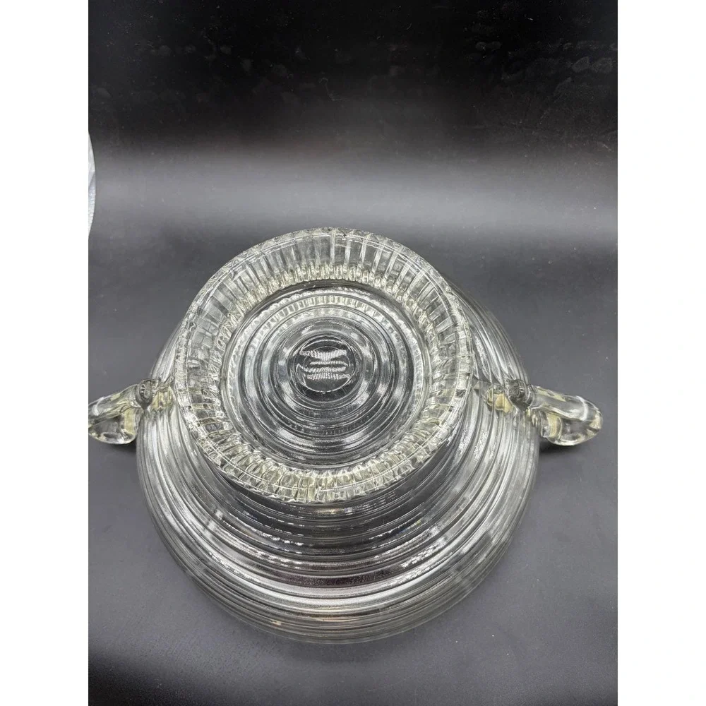 Vintage Clear Ribbed Glass Footed Serving Bowl with Handles Art Deco‎ Style